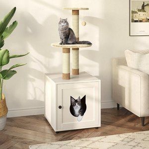 Cat Litter Box Enclosure, Wooden Cat House with Cat Tree Tower White